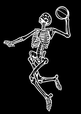 Skeleton playing basketball