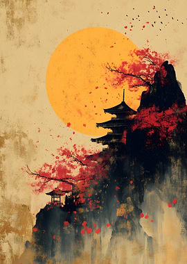 Japanese Pagoda and Cherry Blossoms