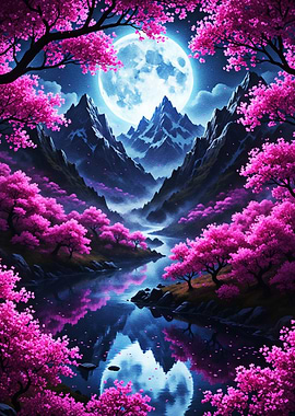 Moonlit Sakura Valley – Fantasy Cherry Blossom Mountains Wall Art
