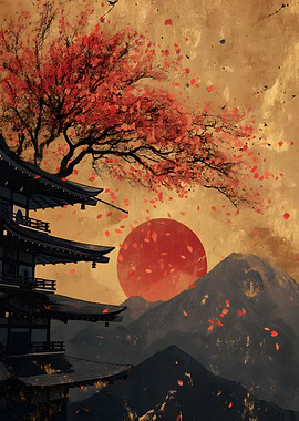 Japanese Pagoda with Cherry Blossoms
