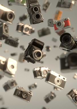 Collection of Vintage Cameras Falling