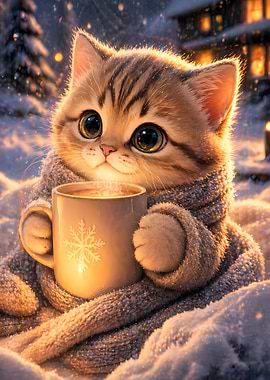 Cute Kitten in Snow with Hot Chocolate