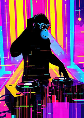 DJ Monkey Silhouette in Neon City
