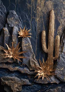 Golden Cactus Succulents Dark Stone