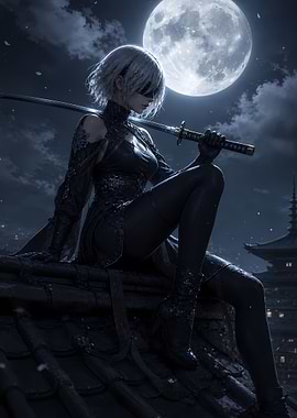 2B on a Rooftop Under the Moon