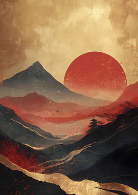 Japanese Mountain Landscape with Red Sun