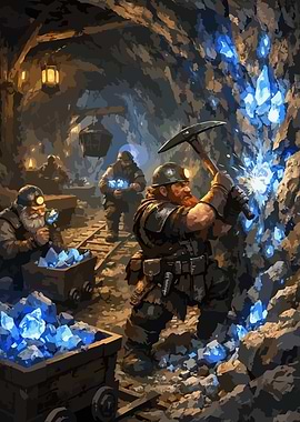 Dwarves mining blue crystals in a mine