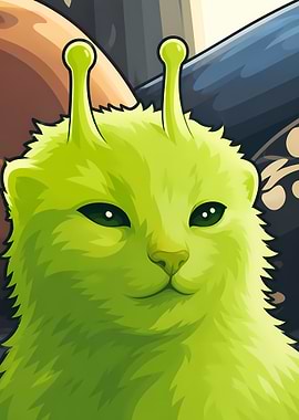 Green Alien Cat with Antennae