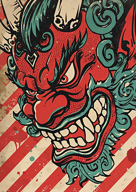 Japanese Oni Mask with Red and White Stripes