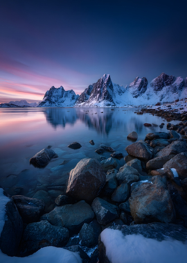 Snowy Mountains Reflected in Calm Water