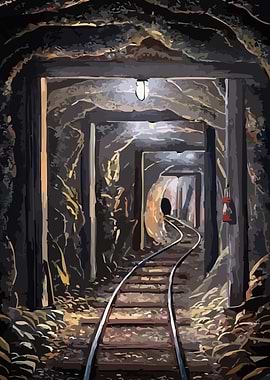 Dark Mine Tunnel with Train Tracks