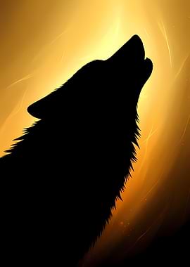 Silhouette of a wolf howling Golden as background
