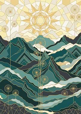 Geometric Mountain Landscape with Sun and Dandelions