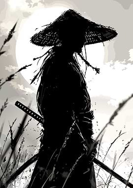 Samurai in a field at night