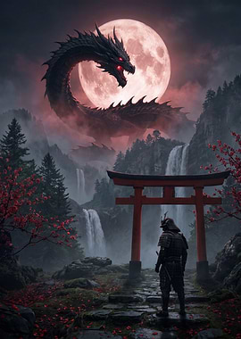 Samurai Confronts Dragon Under Moon
