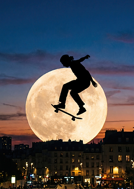 Skateboarder silhouetted against the moon