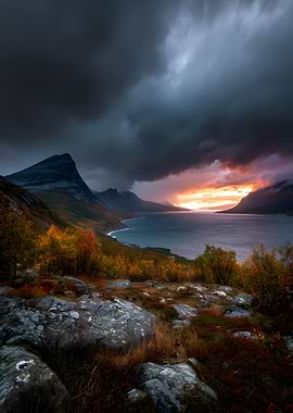 Dramatic Sunset Over Norwegian Fjord