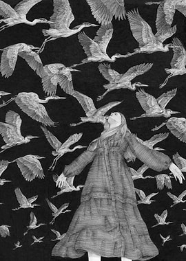 Woman surrounded by flying birds