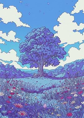 Enchanted Tree in a Field of Flowers