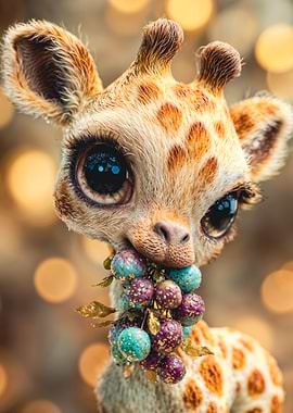 Cute Baby Giraffe Eating Colorful Berries
