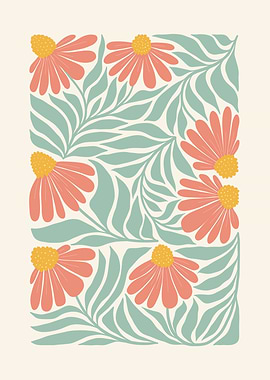 Coral Flowers and Green Leaves Pattern