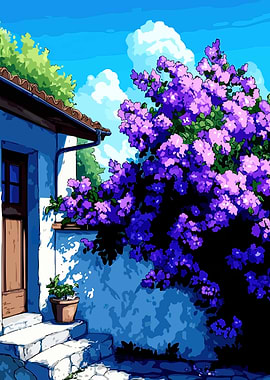 Vibrant Purple Flowers by a Blue House