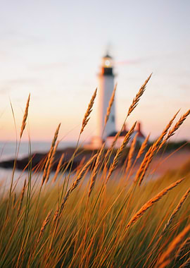 Lighthouse at sunset with tall grass