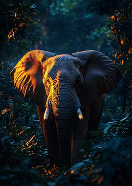 Elephant in a Lush Forest at Sunset