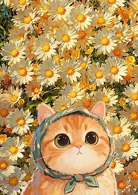 Cute Cat in a Field of Daisies