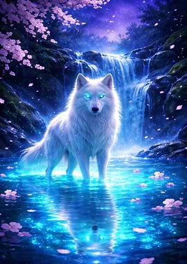 Mystical White Wolf by Waterfall