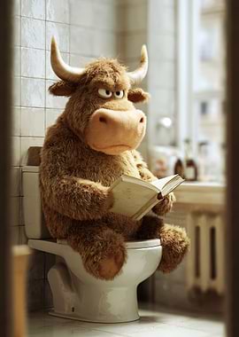 Furry Bull Reading on Toilet