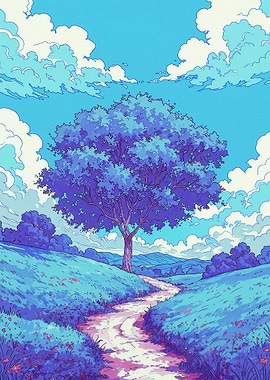 Serene Landscape with Blue Tree