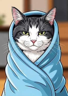 Cat Wrapped in a Blue Blanket