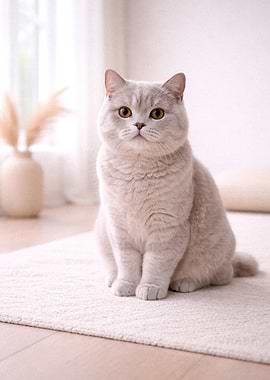 British Shorthair Cat Sitting on Rug
