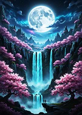 Eternal Moonfall – Celestial Fantasy Waterfall Landscape Art