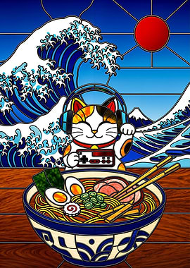 Gamer Cat with Ramen and Great Wave