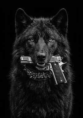 wild Black Wolf Holding a Gun poster