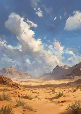 Desert Landscape with Mountains and Clouds