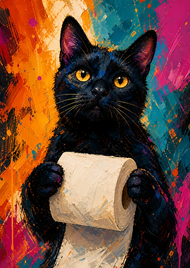 Black Cat Holding Toilet Paper