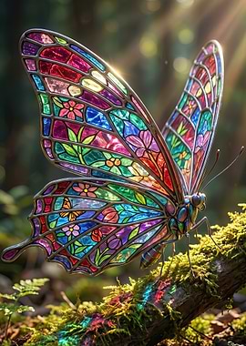 Stained Glass Butterfly on Mossy Branch