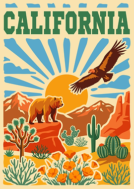 California Desert Landscape with Bear and Eagle