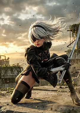 2B with Sword in Ruined City