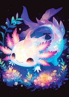 Cute Glowing Axolotl Underwater