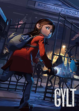 Girl with flashlight at spooky school