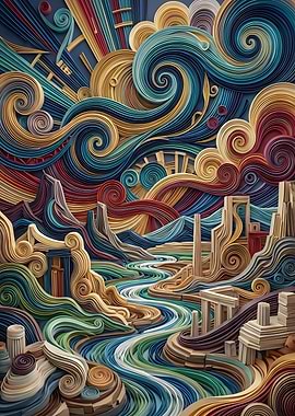 Abstract Quilled Landscape with Swirling Elements