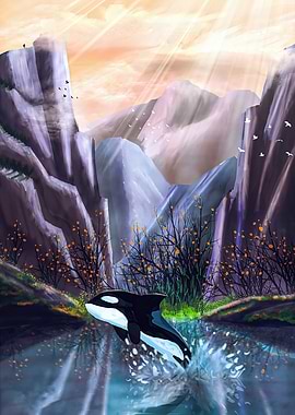 Orca Leaping from Water Amidst Mountains
