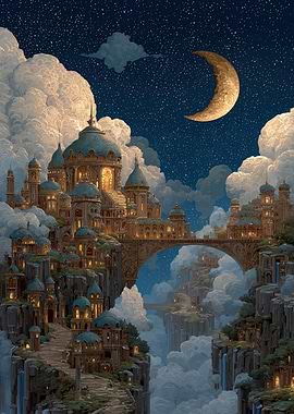 Fantasy Cityscape Under a Crescent Moon