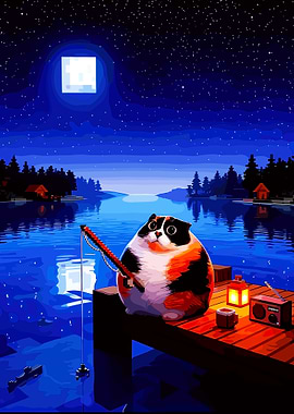 Pixel Art Cat Fishing at Night