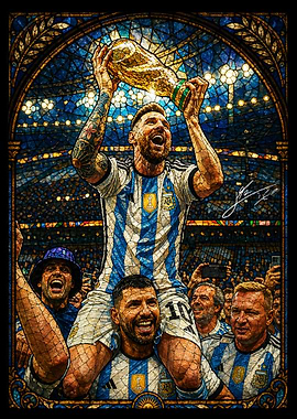 Messi lifts World Cup in stained glass style