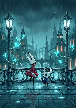 Hollow Knight Hornet and the Knight in the rain